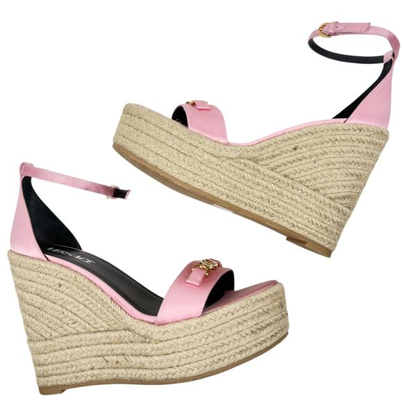 New Versace 95 Medusa Satin Espadrille Wedge Sandals Pink Size 40 - Picture 6 of 10